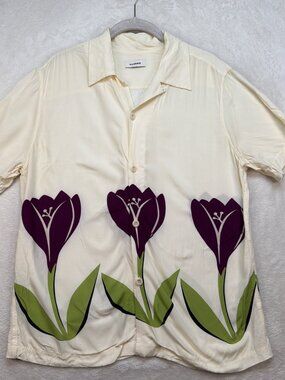 Sandro Short Sleeve Camp Shirt Cream Purple Tulip Print